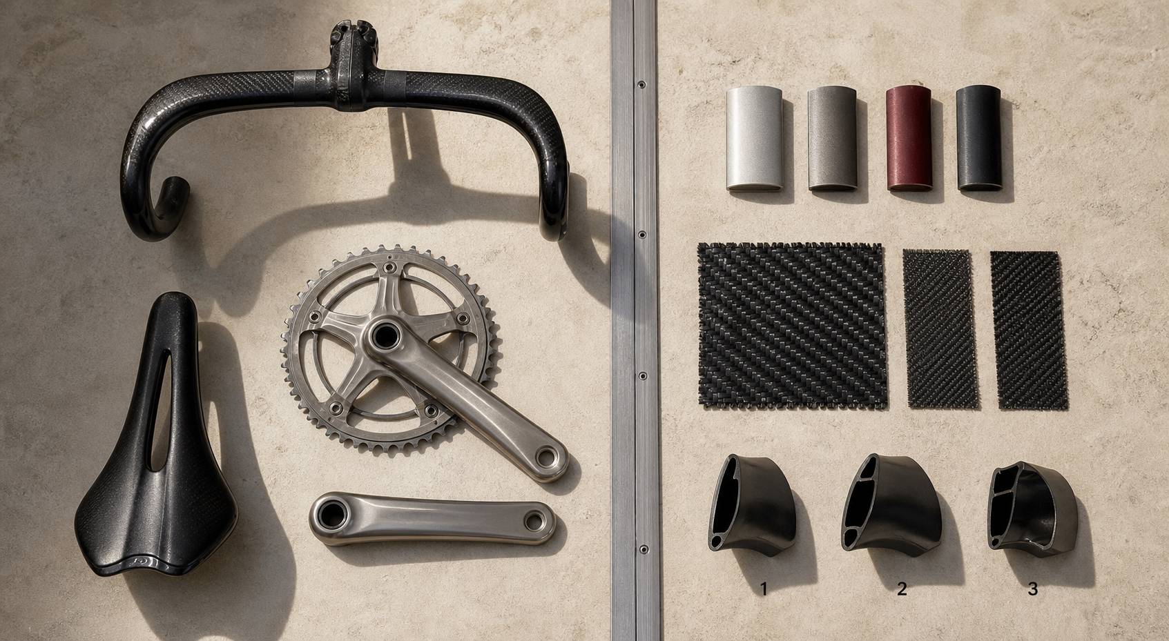 Componentes y muestras de carbono dispuestos para configurar una bicicleta