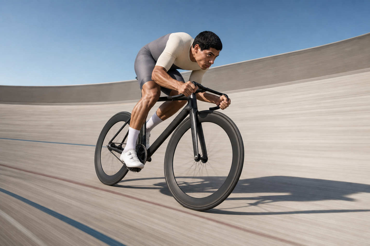 Ciclista acelerando con TAJO 01 en un velódromo de concreto
