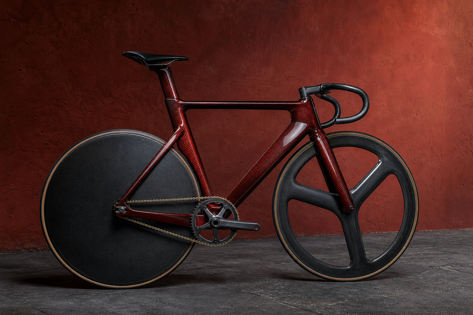 Bicicleta UMBRAL 03 de carbono rojo óxido con rueda lenticular