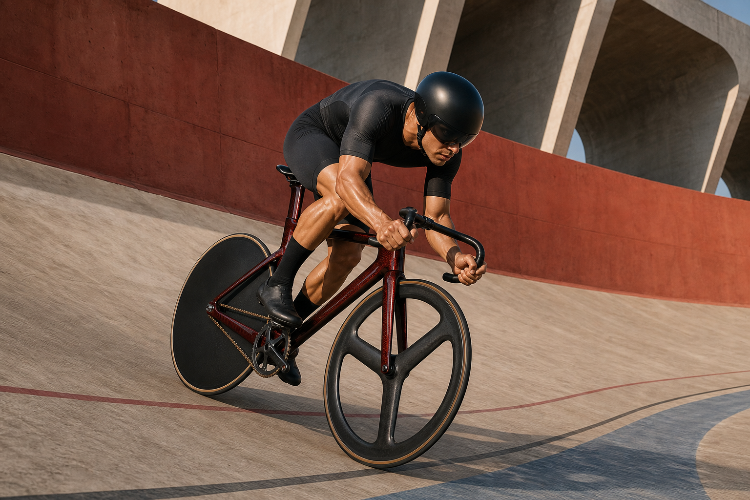 Ciclista en sprint con UMBRAL 03 sobre peralte de concreto